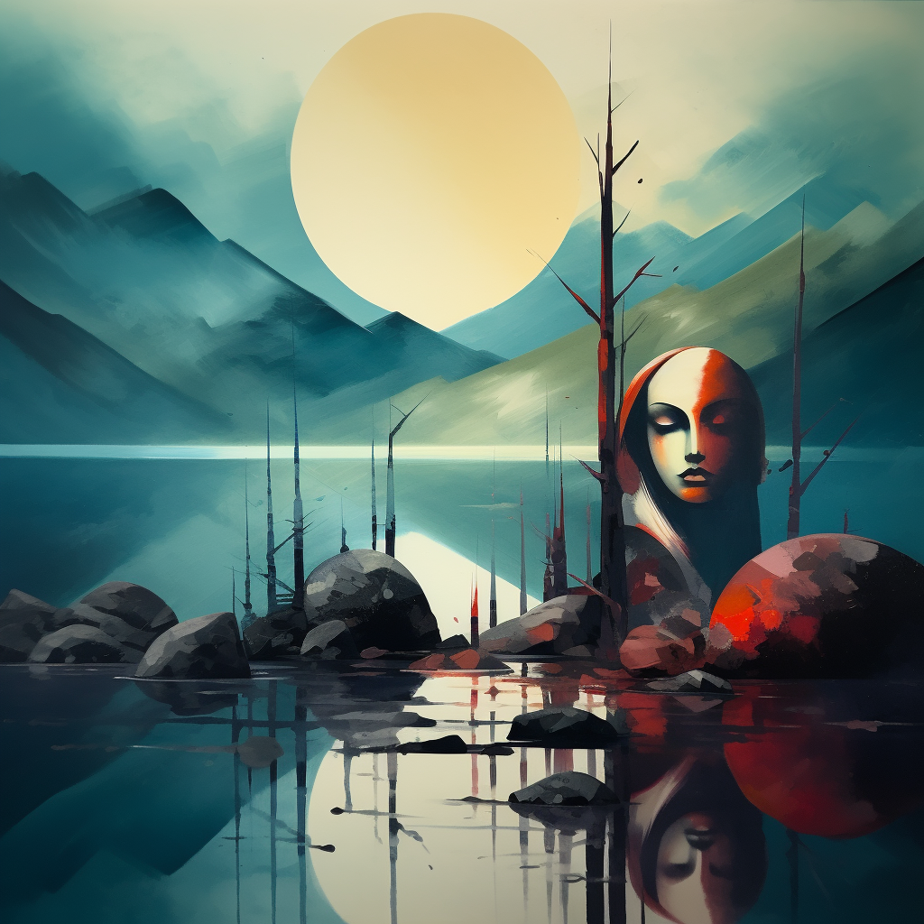 Abstrakte Landschaft mit ruhigem See, Bergen im Hintergrund und einer großen weiblichen Gesichtsskulptur am Ufer, unter einer strahlenden Sonne.
