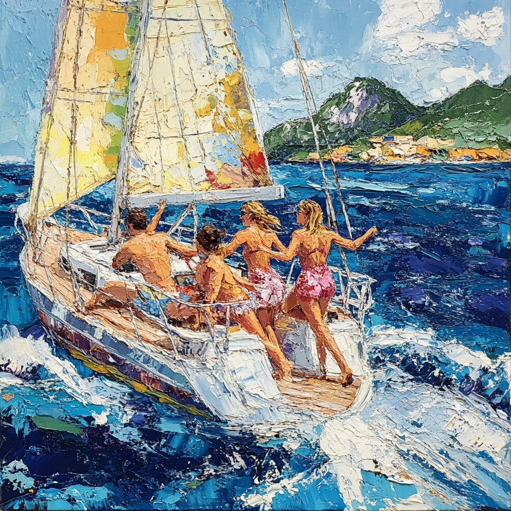 Vier Personen auf einem Segelboot im Sonnenlicht, umgeben von blauem Meer und Küstenlandschaft – farbenfrohes, dynamisches Ölgemälde.

