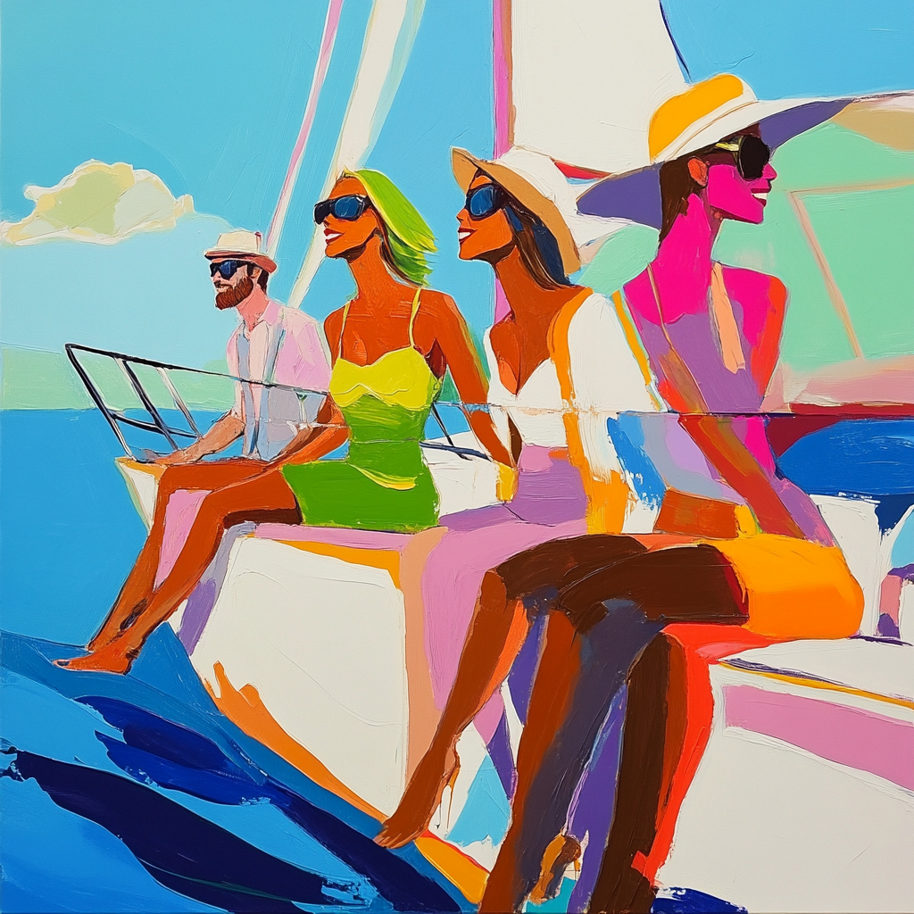 Vier Personen auf einem Segelboot in leuchtenden Farben – modernes Pop-Art-Gemälde mit sommerlicher Energie und abstrakter Flächengestaltung.
