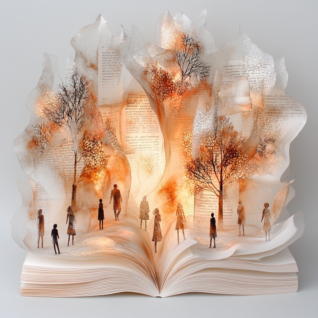 Offenes Buch mit leuchtenden, transparenten Seiten, aus denen Bäume und menschliche Silhouetten emporsteigen – eine poetische Landschaft aus Licht und Papier.
