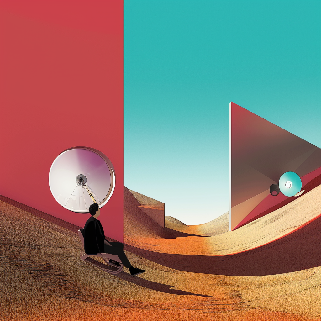 Futuristische Wüstenlandschaft mit Satellitenschüsseln und einer nachdenklichen Figur – Symbol für Suche nach Verbindung im Raum der Stille.
