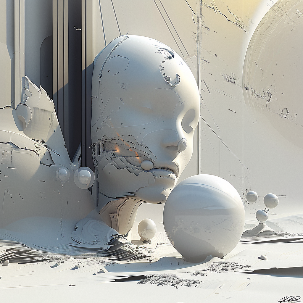 Monumentale, silbrig-weiße Skulptur eines Gesichts in einer abstrakten, futuristischen Landschaft – umgeben von schwebenden Sphären und stiller, kalter Leere.

