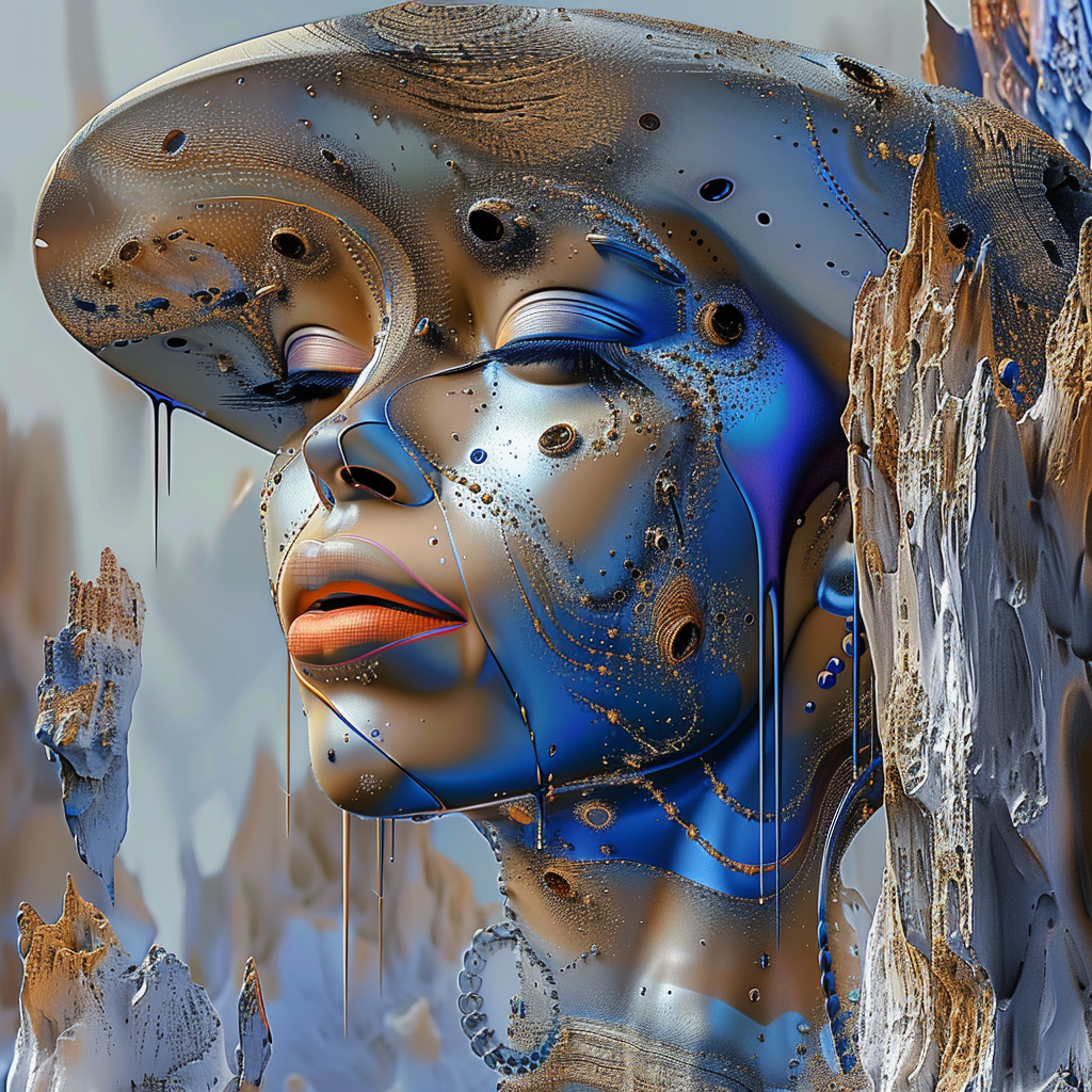 Digitales Porträt einer Frau in metallisch-blauen und silbernen Tönen, mit geschlossenem Blick und schimmernder Oberfläche, umgeben von abstrakten Strukturen.
