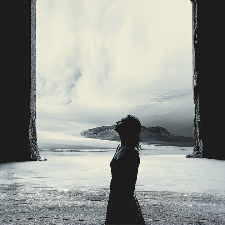 Silhouette einer Frau in dunkler Kleidung, die zwischen monumentalen Felsen steht und in ein helles, nebliges Licht blickt, das eine surreale Landschaft erleuchtet.
