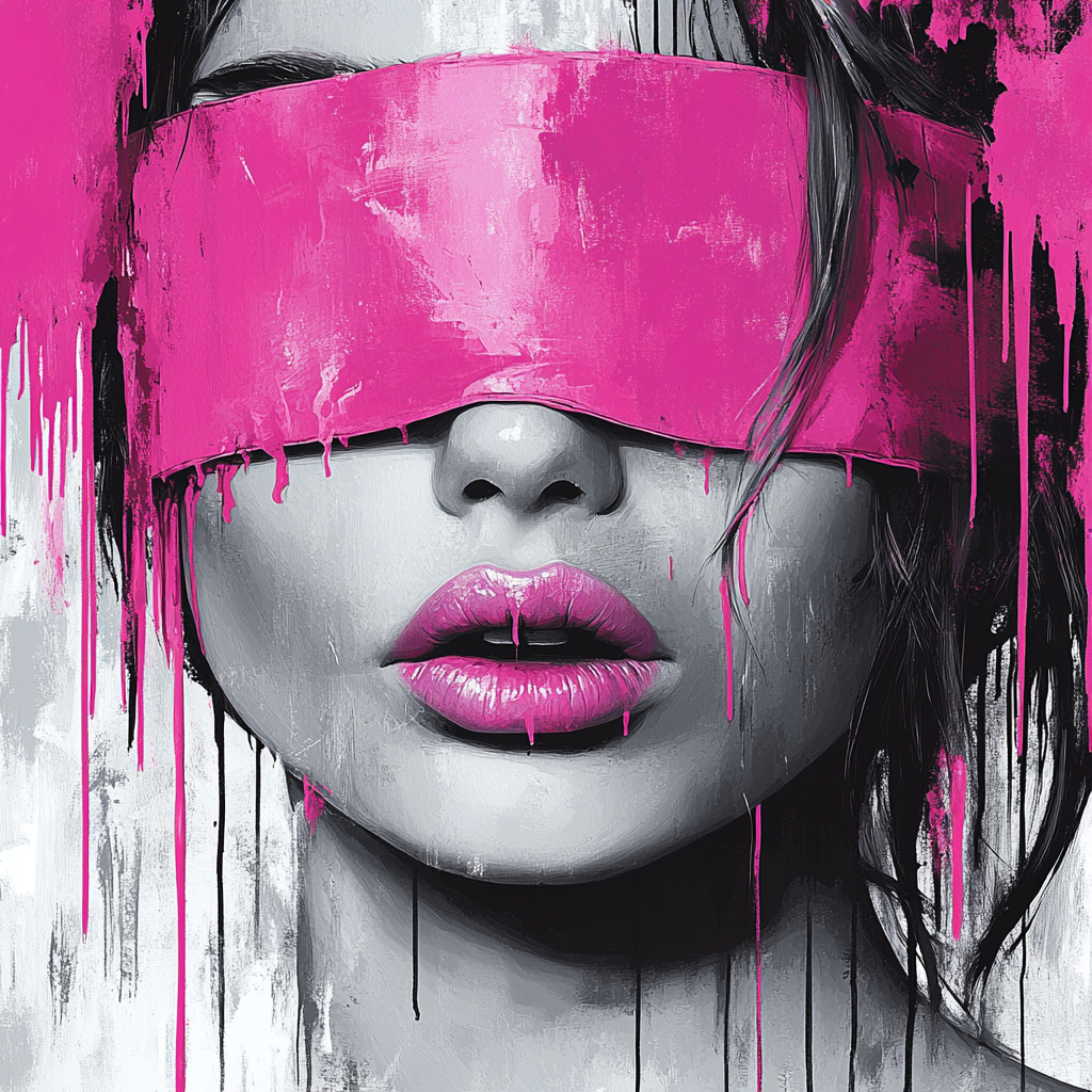 Eine Frau mit pink übermalten Augen und Lippen, tropfende Farbe, urbanes Street-Art-Porträt über Wahrnehmung, Freiheit und Rebellion.
