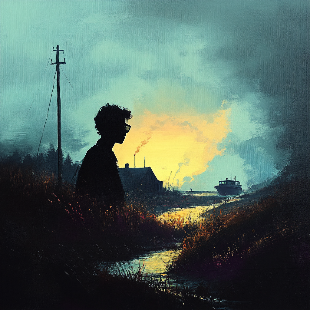 Silhouette einer Person bei Sonnenuntergang nahe einem Haus und einem Boot am Fluss
