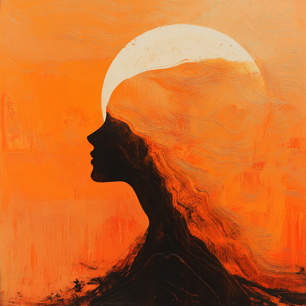 Silhouette einer Frau vor orangefarbenem Hintergrund mit heller Sonne
