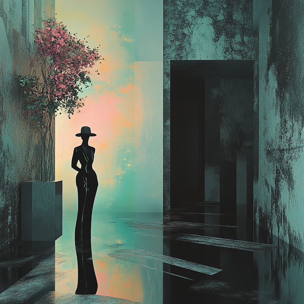 Elegante Silhouette einer Frau mit Hut in surrealer architektonischer Umgebung mit pastellfarbenem Licht
