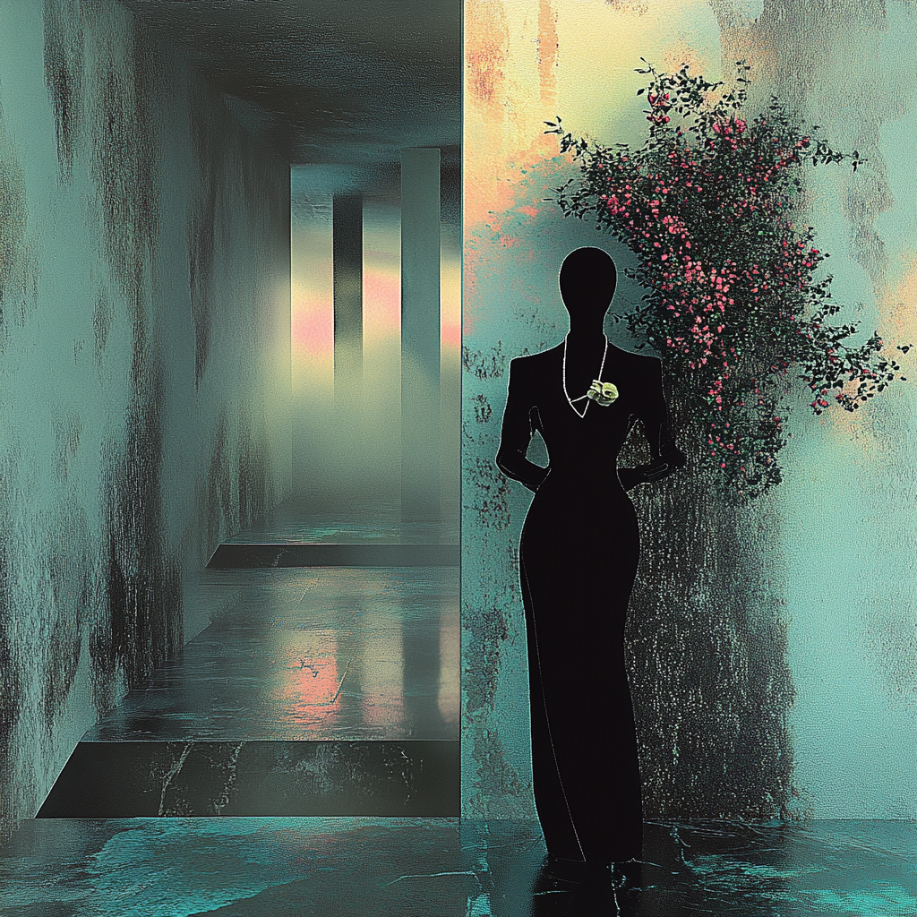 Abstrakte Silhouette einer Frau in einem schimmernden Flur mit Blumenranke und weichem Licht
