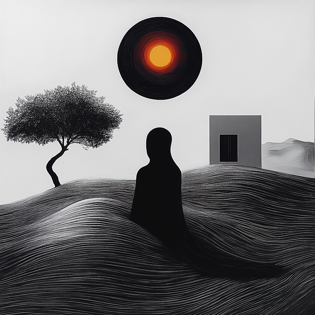 Schwarze Silhouette in einer sandigen Wüstenlandschaft unter einer glühenden Sonne, minimalistische digitale Kunst mit Baum und geometrischer Form.
