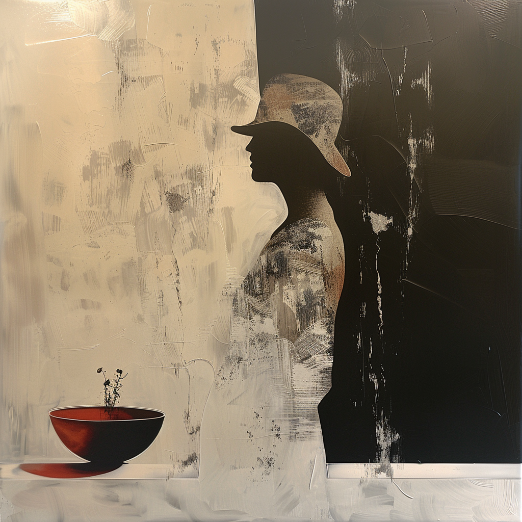 Minimalistische Silhouette einer Person mit Hut, die zwischen hellen und dunklen Farbfeldern steht, daneben eine rote Schale mit einer zarten Pflanze – symbolisch für Balance und Vergänglichkeit.
