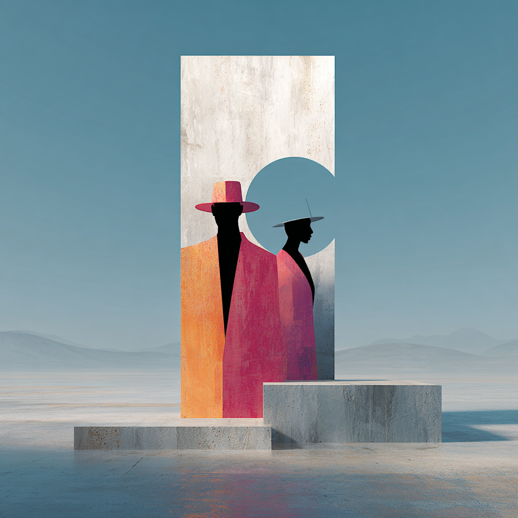 Zwei farbige Silhouetten in einer geometrischen Wand vor weiter, ruhiger
Landschaft unter klarem Himmel.
