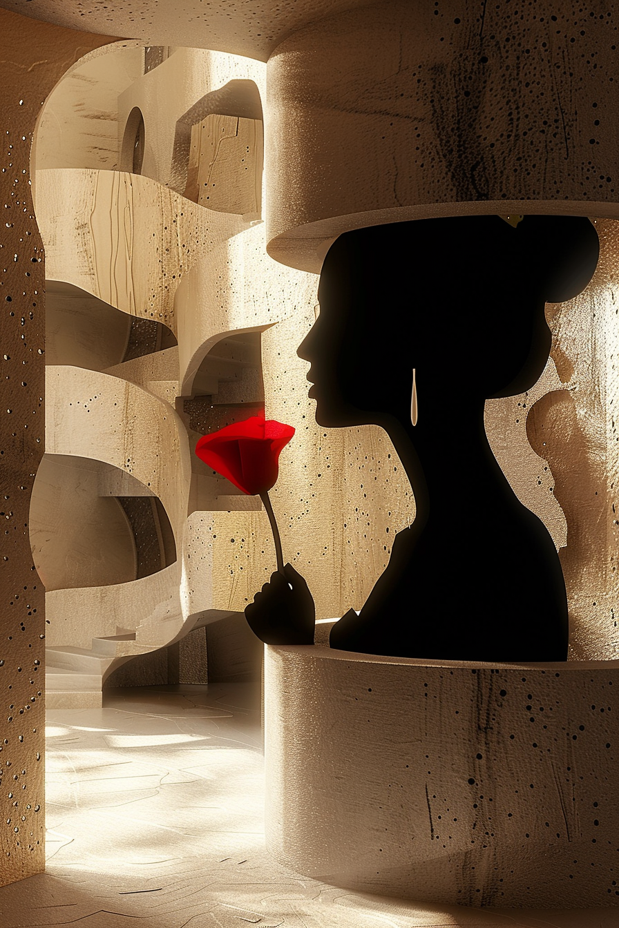 Abstrakte Silhouette einer Frau mit roter Rose in architektonischer Umgebung – Digitalkunst voller Licht und Symbolik.
