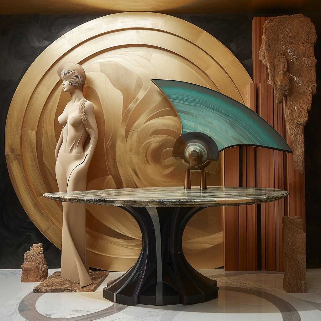 Elegante Skulptur einer Frau neben Tisch und abstraktem Flügelobjekt in Gold- und Türkistönen. Stilvolle Komposition aus Form und Material.
