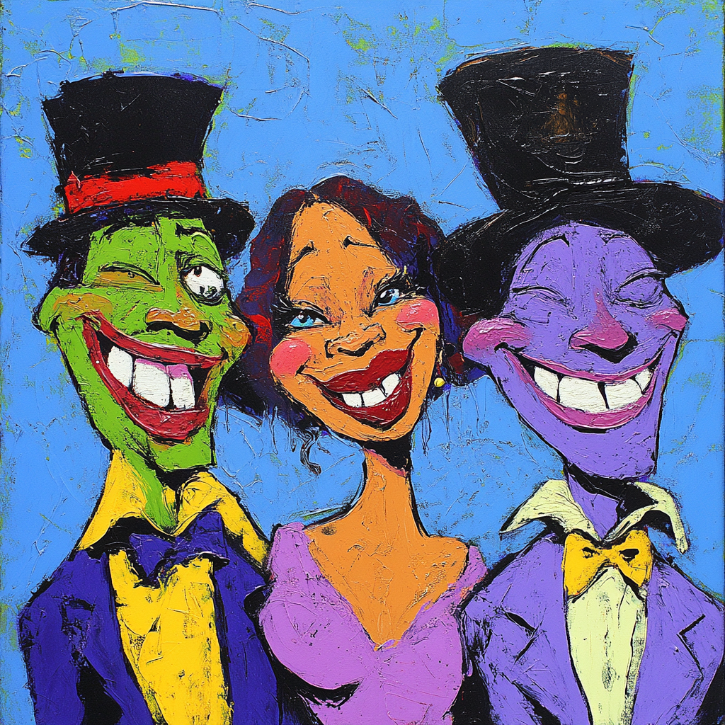 Drei fröhliche Figuren in bunten Farben und Zylindern, humorvoll porträtiert im expressiven, karikaturhaften Stil vor blauem Hintergrund.
