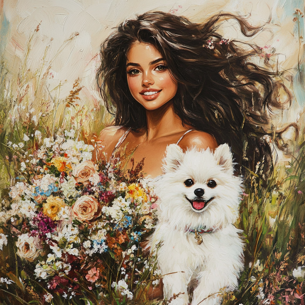 Eine junge Frau mit langen, dunklen Haaren steht in einer Blumenwiese, hält einen großen Strauß bunter Blumen und lächelt. Neben ihr sitzt ein kleiner weißer Hund mit fröhlichem Gesichtsausdruck.
