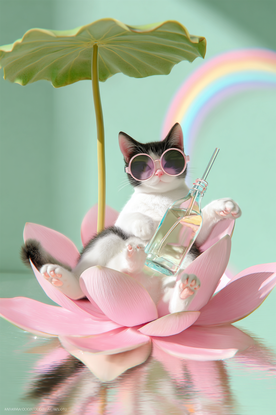 katze mit sonnenbrille sitzt auf rosa lotusblüte mit flasche und regenbogen im hintergrund
