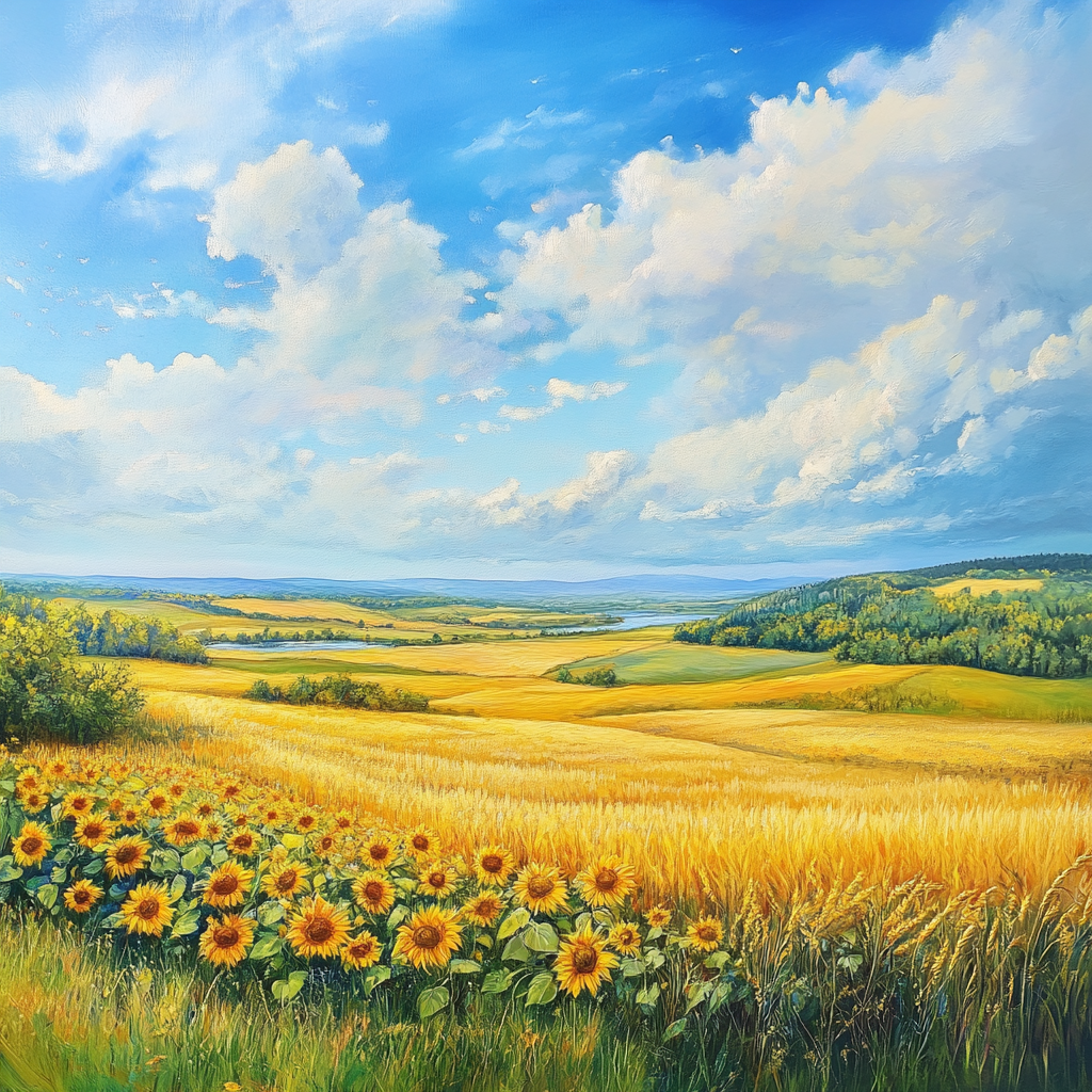 Sommerlandschaft mit Sonnenblumenfeld, goldenen Feldern und blauem Himmel
