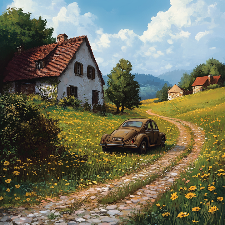 Ein alter VW Käfer steht auf einem gewundenen Feldweg vor einem weißen Landhaus mit rotem Dach, umgeben von einer blühenden Sommerwiese und hügeliger Landschaft.
