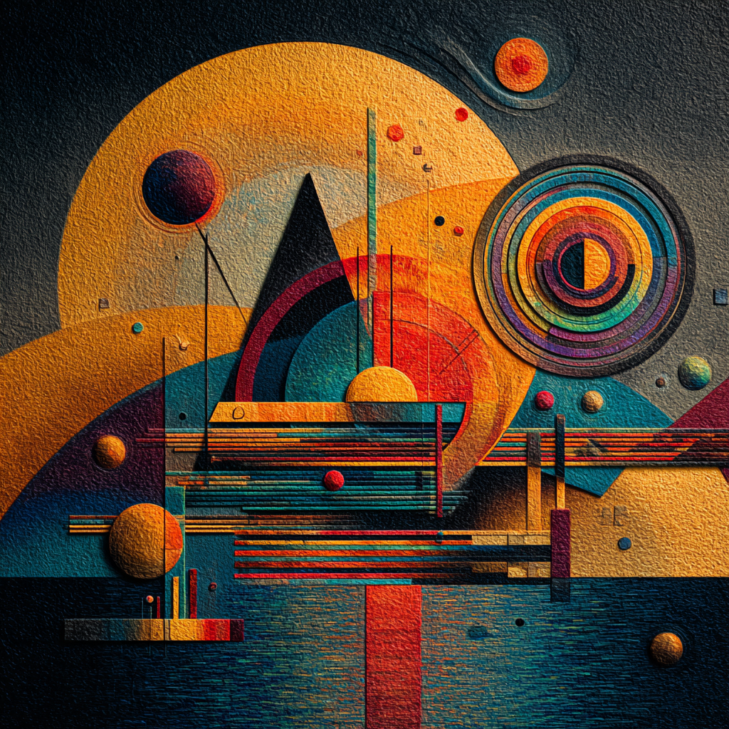 abstrakte geometrische komposition aus kreisen linien und farbflächen in orange und blau
