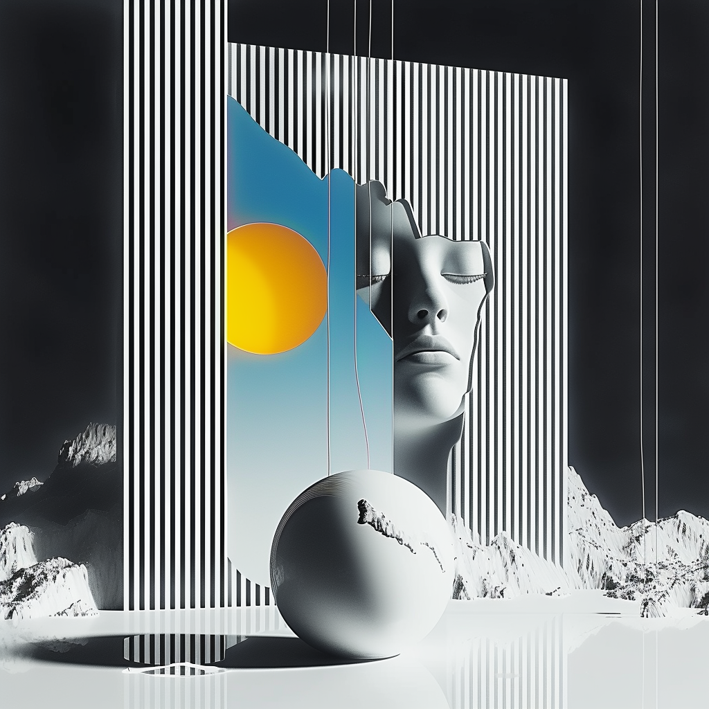 Surreale Komposition aus geometrischen Formen, einer weiblichen Gesichtsskulptur und einer gelben Sonne vor vertikalen Linien – ein Spiel aus Licht, Raum und Identität.
