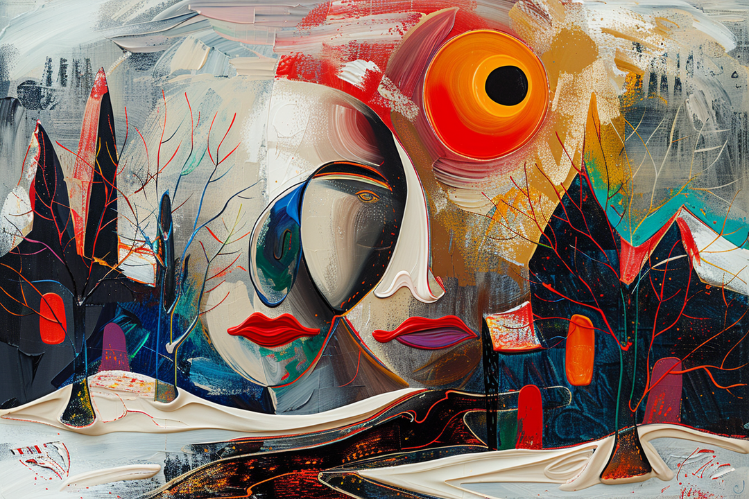 Abstrakte Komposition mit überlagerten Gesichtern, kräftigen Farben und surrealen Landschaftselementen. Ein rotes Sonnenauge dominiert die Szene, während Linien und Formen Bewegung und Emotion erzeugen.
