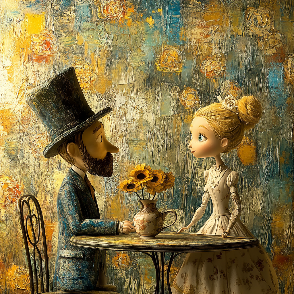 Zwei stilisierte Figuren – ein Mann mit Zylinder und eine Frau in einem Kleid – sitzen an einem Tisch mit einer Vase voller Sonnenblumen vor einer strukturierten, goldblauen Wand.
