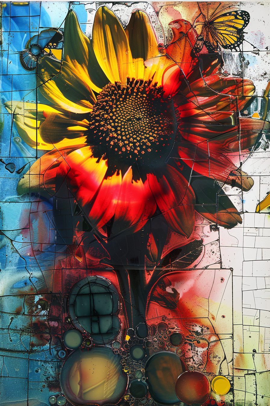 Abstrakte Darstellung einer Sonnenblume in intensiven Rot-, Gelb- und Blautönen mit grafischen Linien und Schmetterlingen – Symbol für Lebenskraft und Erneuerung.
