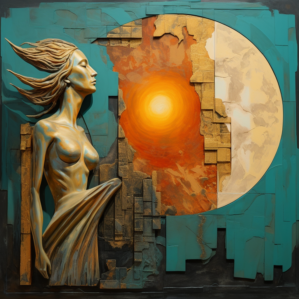 Reliefartige Figur vor einer goldenen Sonne – Verbindung von Körper, Licht und Struktur in symbolischer, surrealer Komposition.
