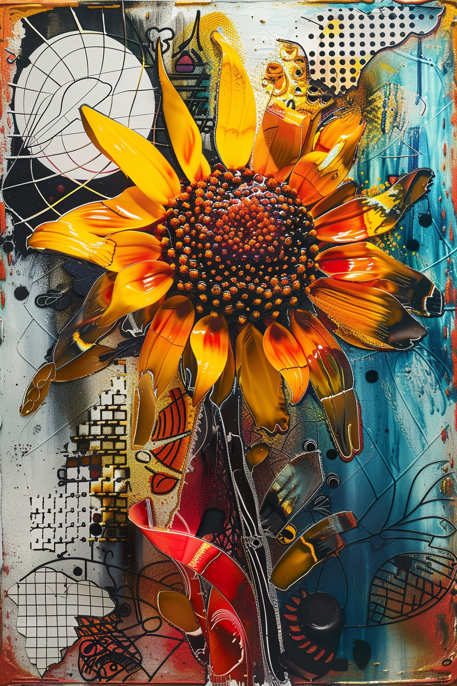 Moderne Komposition einer Sonnenblume in kräftigem Gelb und Orange, kombiniert mit geometrischen Formen und grafischen Mustern – ein Spiel zwischen Natur und Abstraktion.
