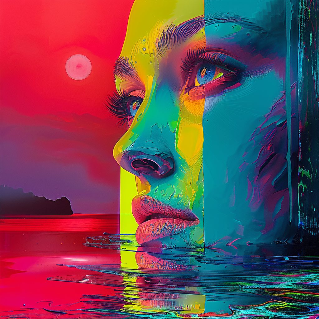 Farbintensives Porträt einer Frau im Wasser mit Sonnenuntergang. Leuchtende Kontraste aus Rot, Gelb und Blau.
