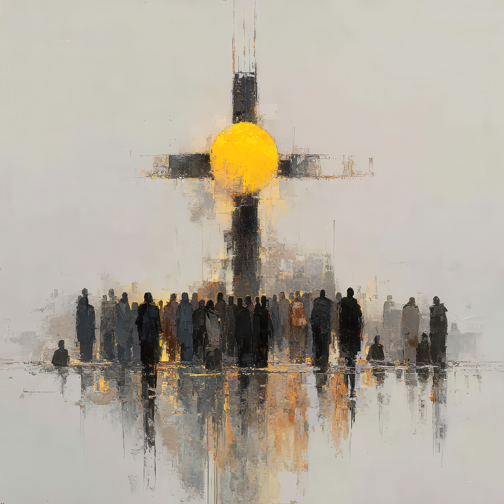 Abstraktes Gemälde mit Menschenmenge vor einem leuchtenden Sonnenkreuz.
