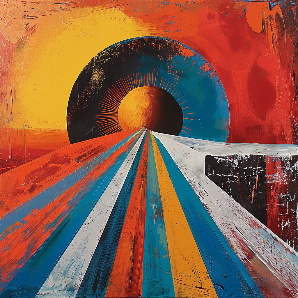 Abstrakte Malerei mit geometrischen Linien in Blau, Orange und Weiß, die in eine leuchtende Sonne auf rotem Hintergrund führen.
