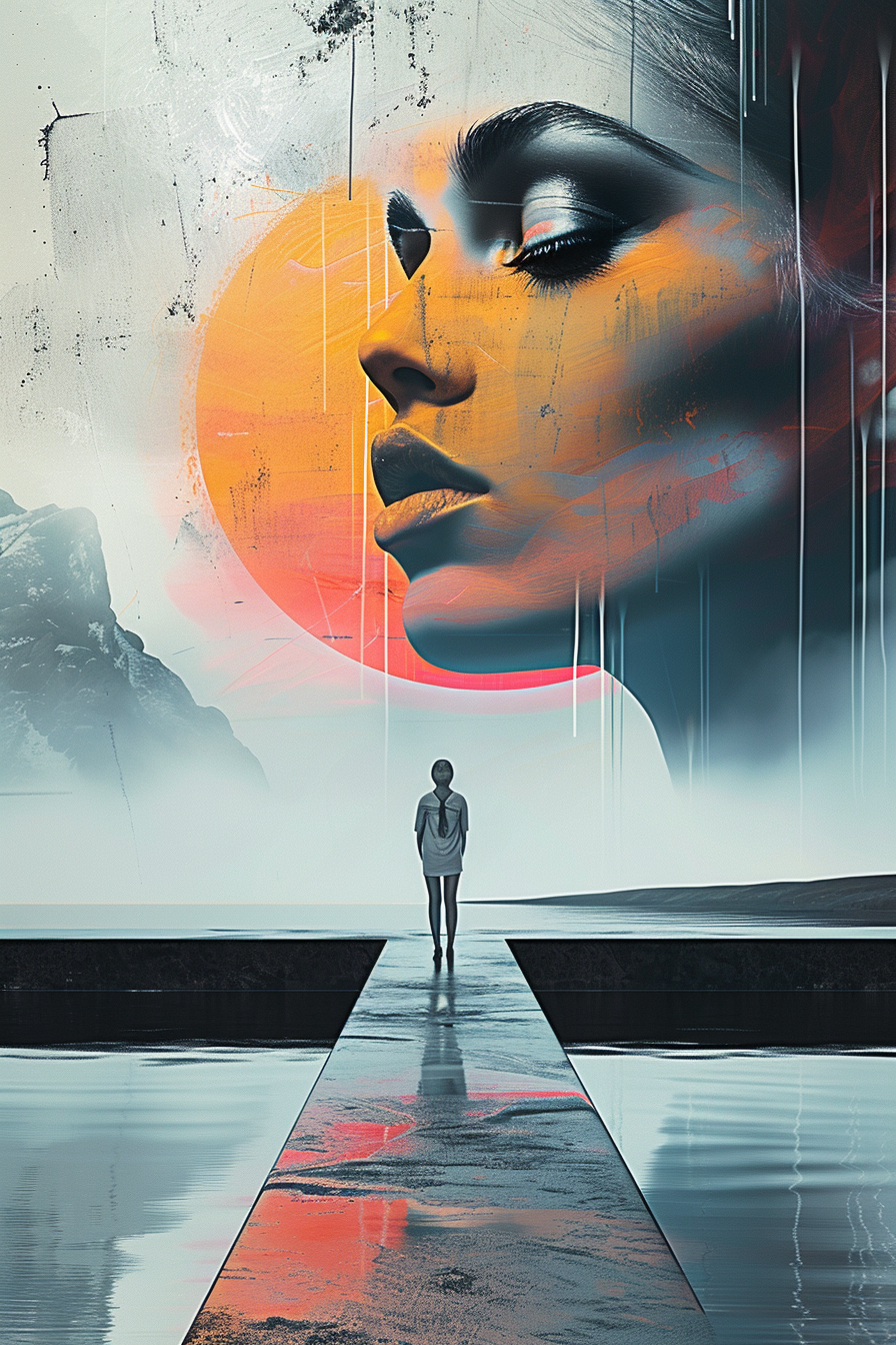 Surreales Porträt einer Frau im Licht einer untergehenden Sonne – eine stehende Figur vor Wasser und Bergen, überlagert von einem überdimensionalen Gesicht im Himmel.
