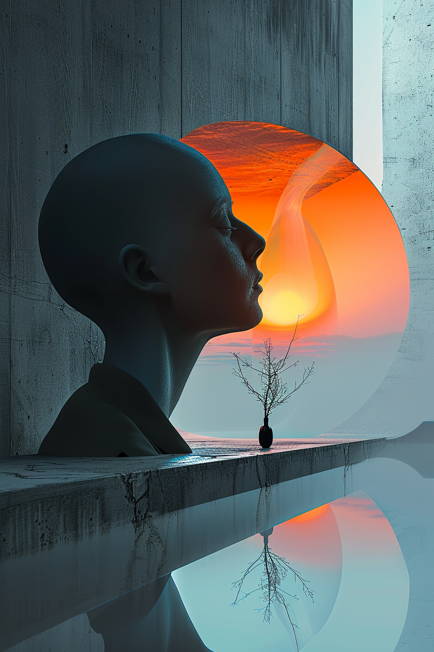 Surreale Komposition mit skulpturalem Kopfprofil, leuchtender Sonne und minimalistischem Ast in einer Vase – ein Spiel aus Licht, Raum und Stille.
