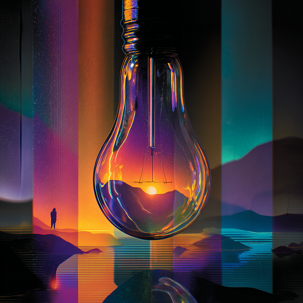 Surrealistisches Kunstwerk einer Glühbirne mit Sonnenuntergang und Landschaft im Inneren
