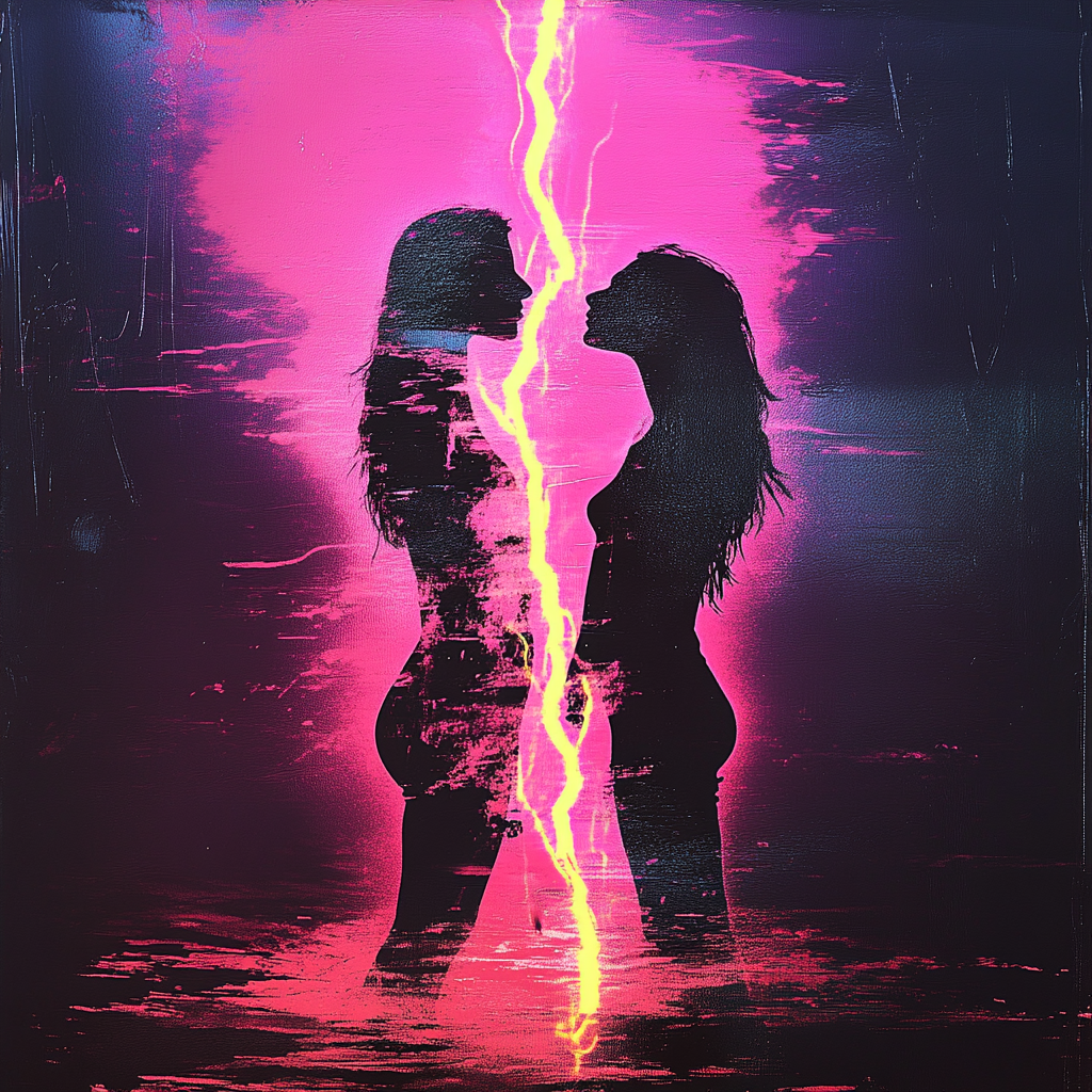 Zwei sich gegenüberstehende weibliche Silhouetten sind durch einen grellgelben Blitz getrennt. Der Hintergrund leuchtet in intensiven Pink- und Violetttönen, die wie elektrische Energie wirken.
