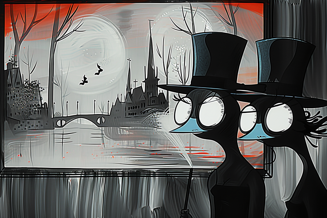 zwei figuren mit zylinder spazieren am fluss unter dem mond in surrealer stadtlandschaft
