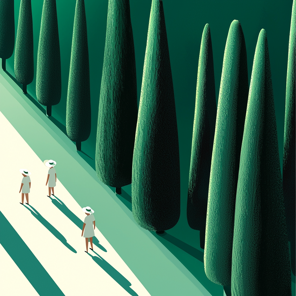 Drei Personen in weißen Kleidern und Hüten spazieren durch eine minimalistische Landschaft aus hohen, schmalen Bäumen – ein Spiel aus Licht, Schatten und Stille.
