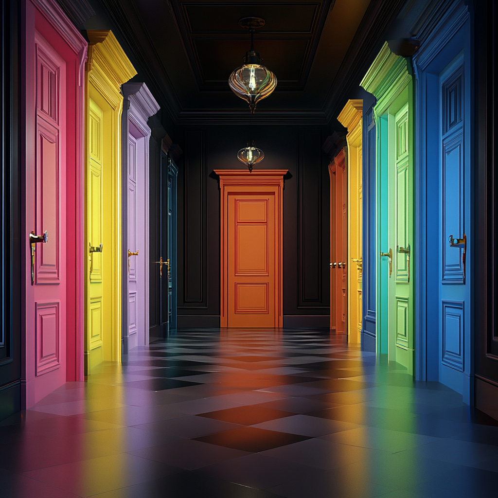 Korridor mit bunten Türen in allen Farben des Spektrums, symbolisch für Entscheidungen.
