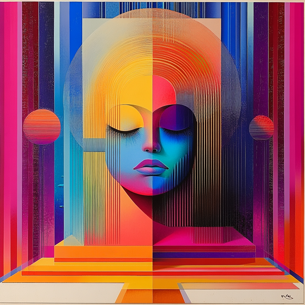 geometrisches portraet einer frau in intensiven farben mit symmetrischen linien
