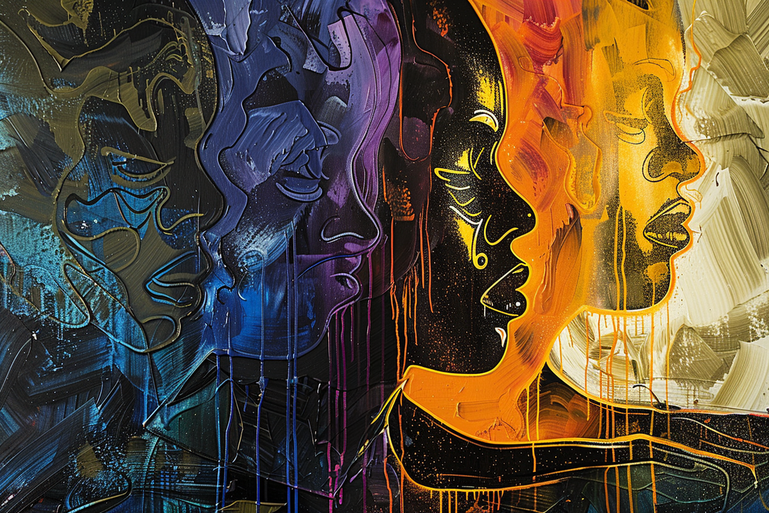 Abstraktes Gemälde mit mehreren stilisierten Gesichtern in Profilansicht. Die Figuren sind in kräftigen Farben von Blau, Lila, Orange und Gelb dargestellt, ineinander übergehend wie ein farbliches Spektrum. Ausdrucksstarke Linien und Farbverläufe erzeugen Dynamik und Rhythmus.
