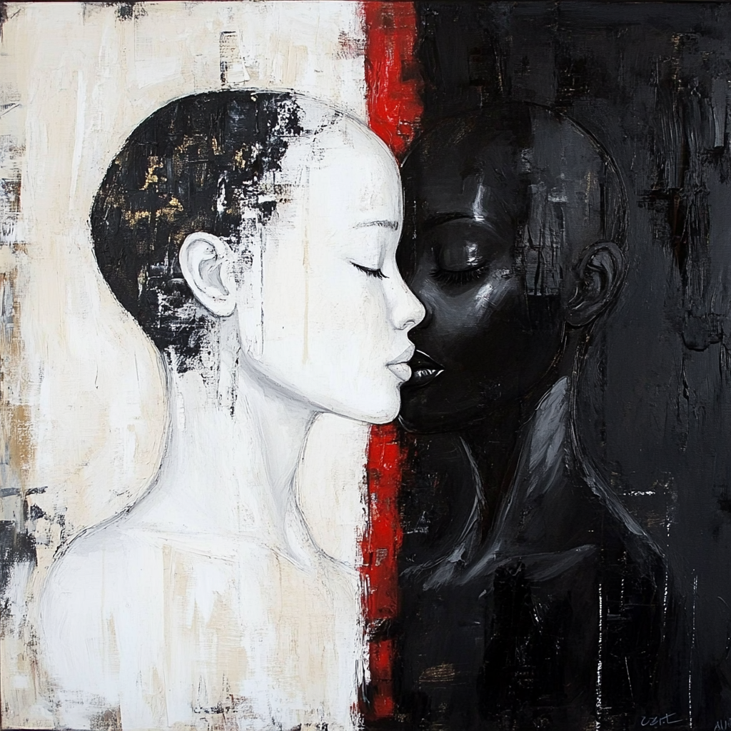 abstraktes gemälde zweier gesichter, die sich spiegeln, symbol für dualität und identität
