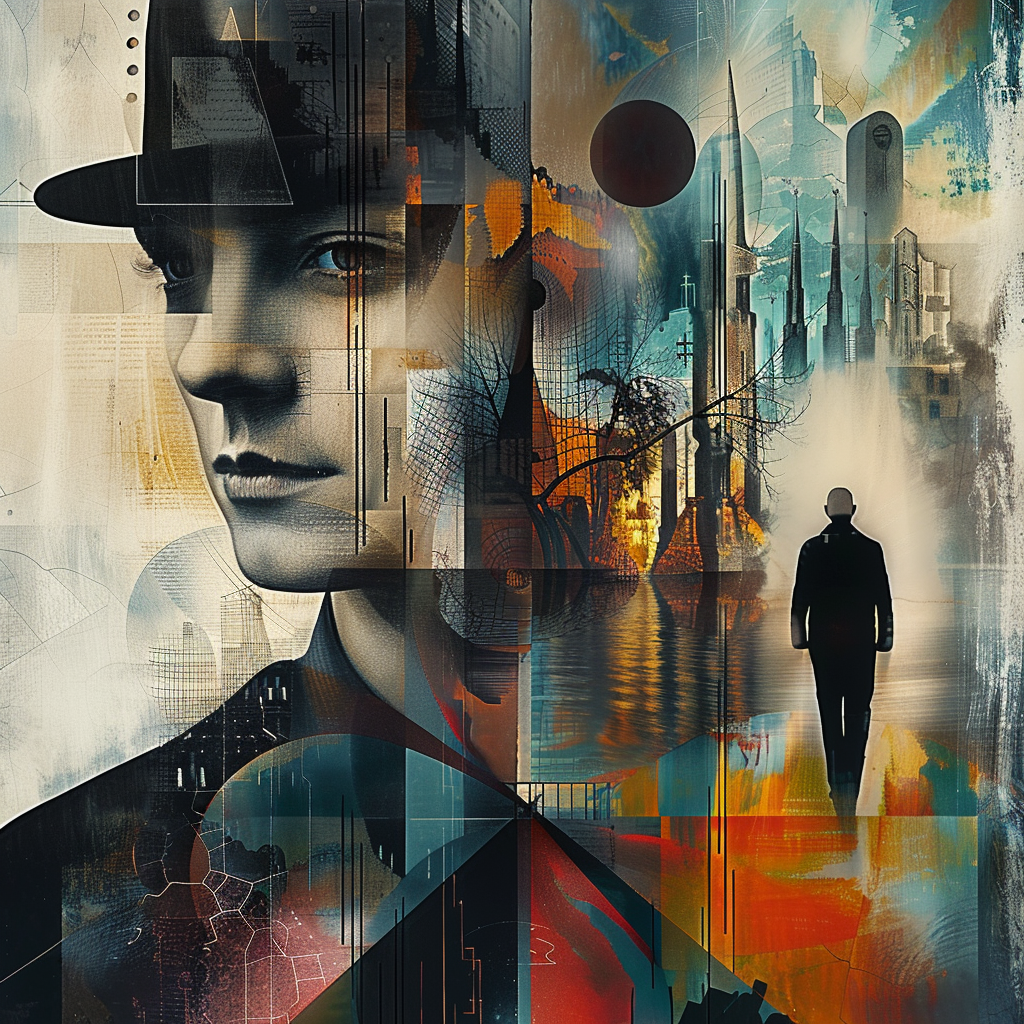 Abstraktes Porträt eines Mannes mit Hut vor urbaner Kulisse aus Linien, Formen und Farben. Verbindung von Mensch und Stadt.
