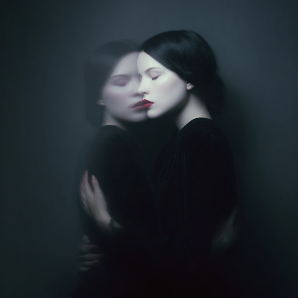 frau mit geschlossenen augen lehnt an spiegel in dunkler atmosphäre
