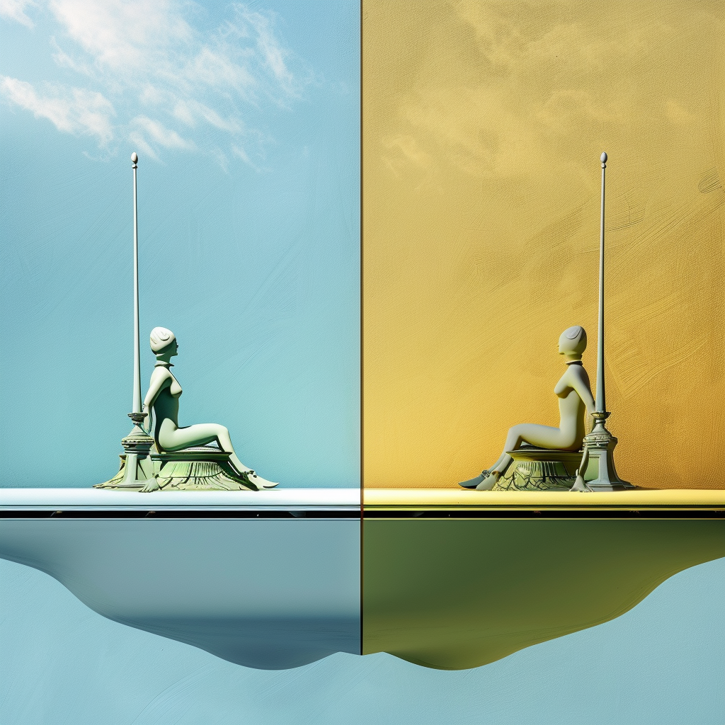 Abstrakte Darstellung zweier symmetrischer Figuren in blauer und goldener Umgebung. Symbol für Balance und Dualität.
