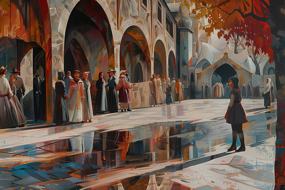 Malerei einer historischen Marktszene mit Menschen in traditioneller Kleidung, die unter Arkaden stehen. Auf dem glänzenden Boden spiegelt sich die Architektur und das Treiben. Warmes Licht und herbstliche Farben dominieren die Szene.
