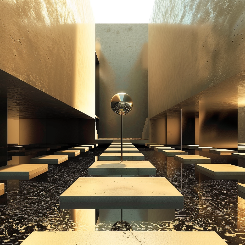 Architektonische Szene mit goldener Kugel, Licht und Wasserreflexionen. Geometrische Formen treffen auf harmonische Symmetrie.
