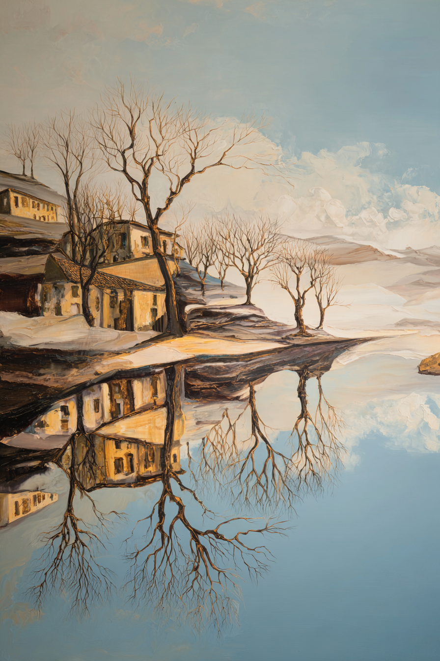 gemälde von häusern und kahlen bäumen am seeufer mit spiegelung im wasser
