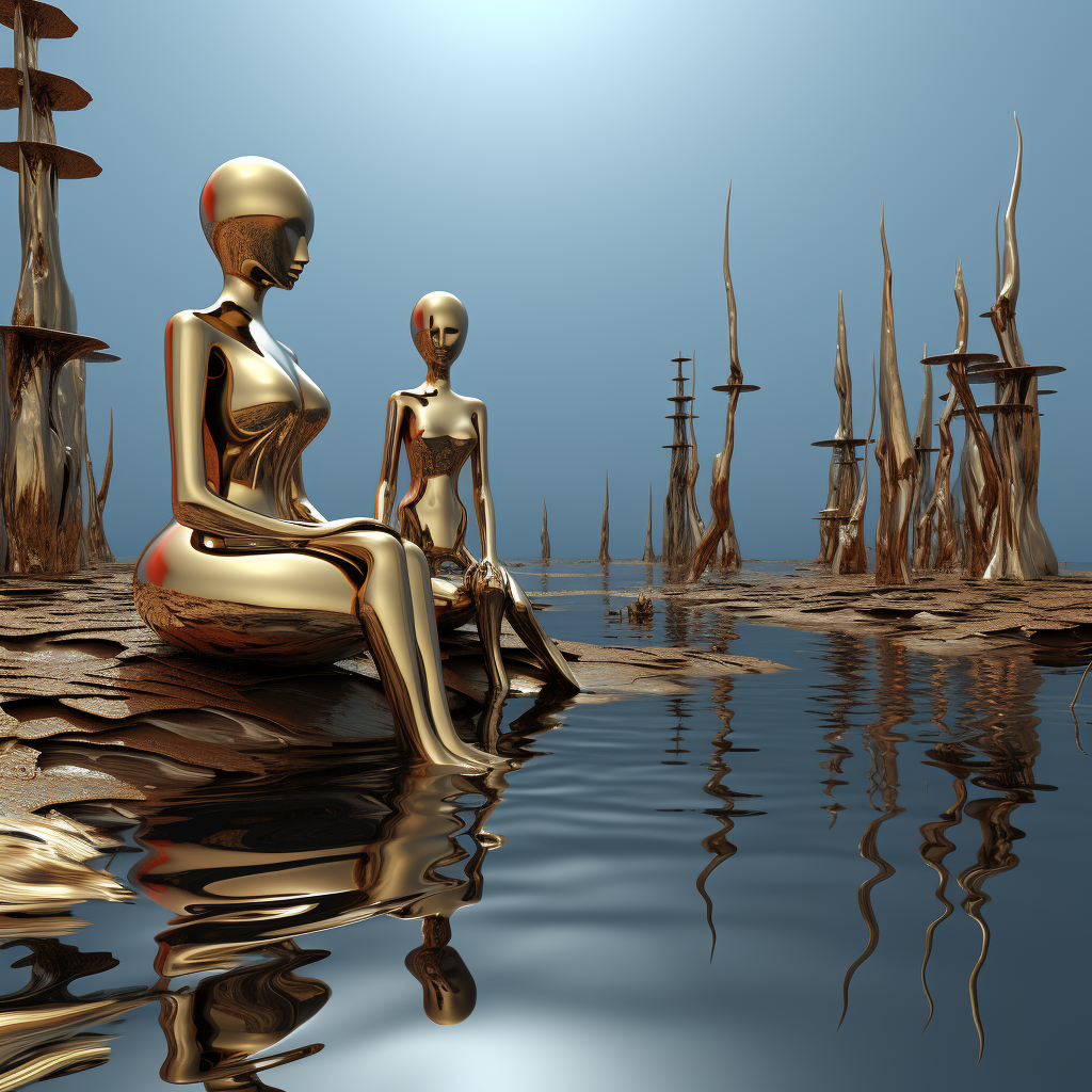 Futuristische goldene Figuren sitzen am Wasser in einer surrealen Landschaft aus reflektierenden Strukturen.
